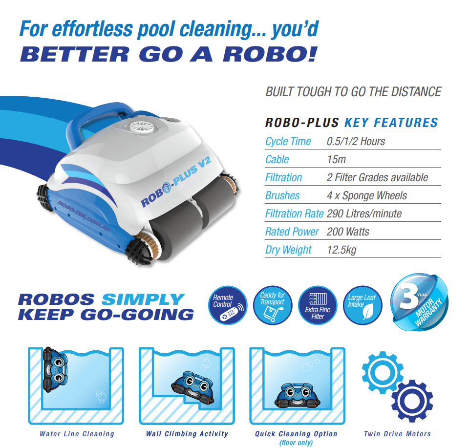 Robo-Tek Robo Plus V2 Robotic Pool Cleaner with Remote & Caddy